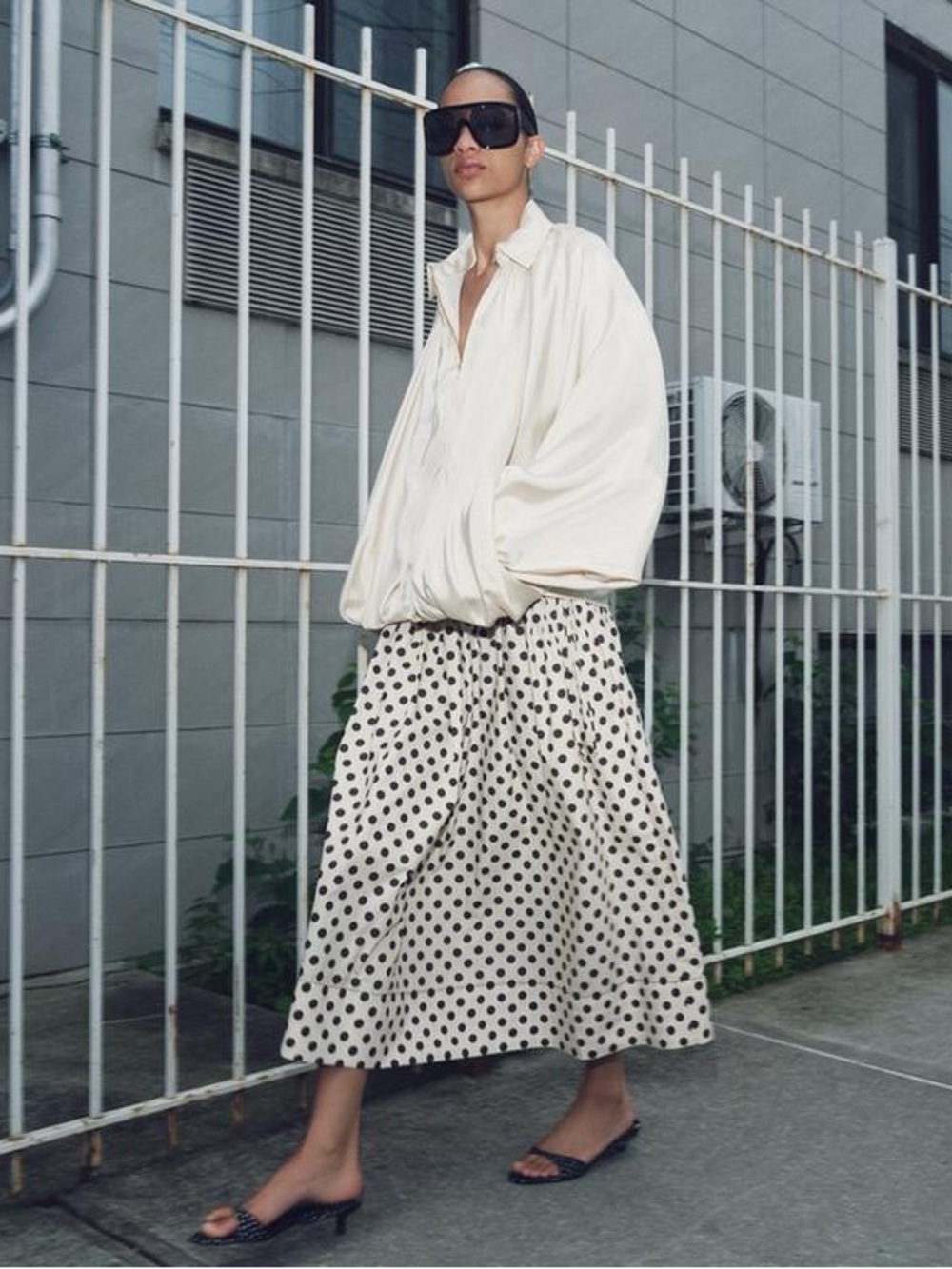 ZARA ZW Cotton Poplin Polka Dot Smocked Waist Midi Skirt - S NWT